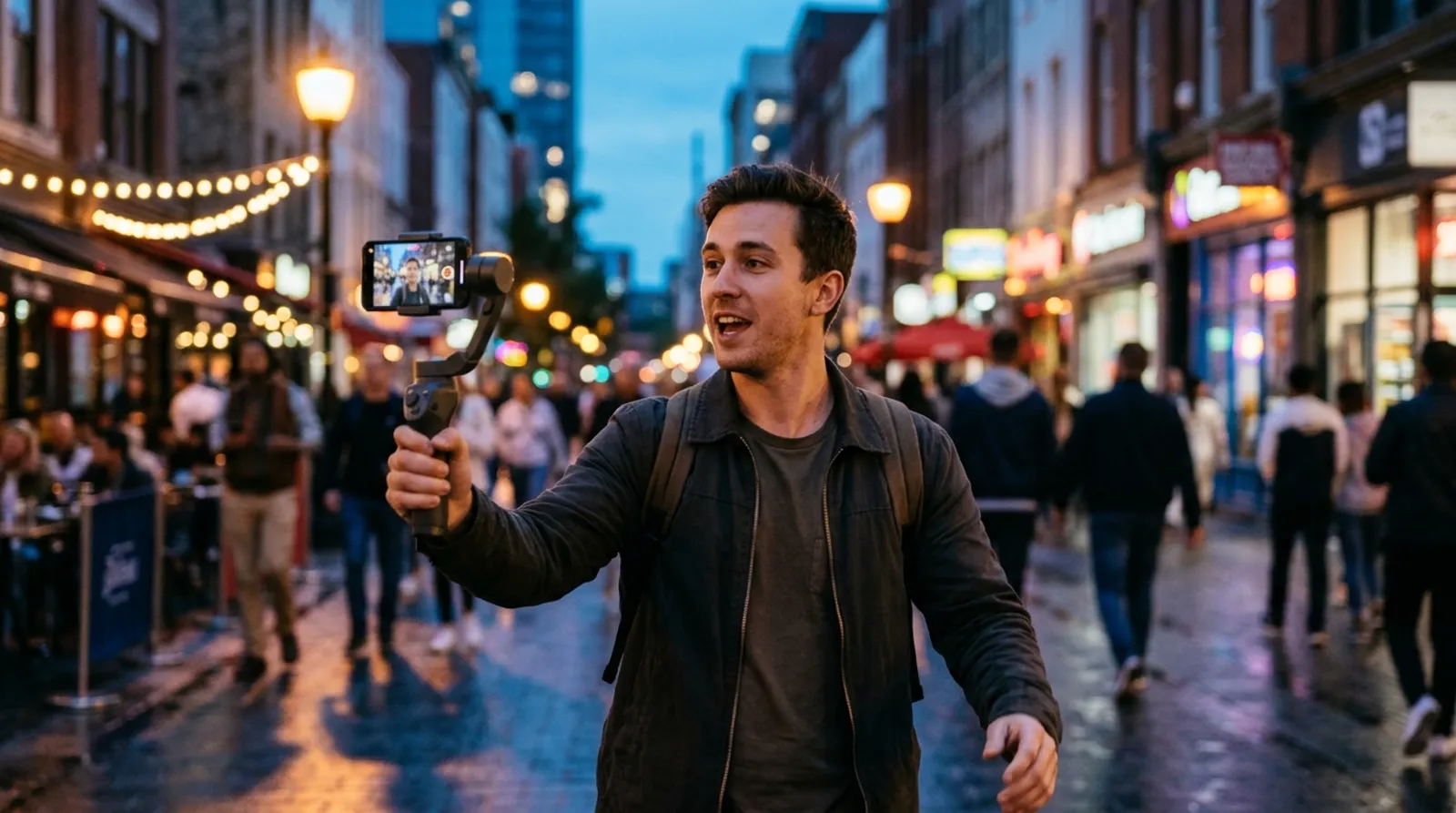Vlogger grabándose en una calle de noche con el móvil en un estabilizador
